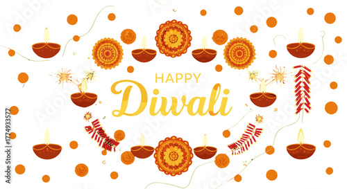 Vibrant Indian Festival of Lights Happy Diwali Holiday Background with Abstract Vector Illustration Design, Featuring Traditional Diyas, Marigold Flowers, Rangoli Patterns, and Firecrackers on a