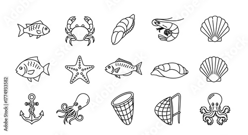 Marine life icons set, including fish, crab, shrimp, shell, starfish, squid, anchor, and octopus, presented as an ordered line icon collection on a clean white background, perfect for nautical or