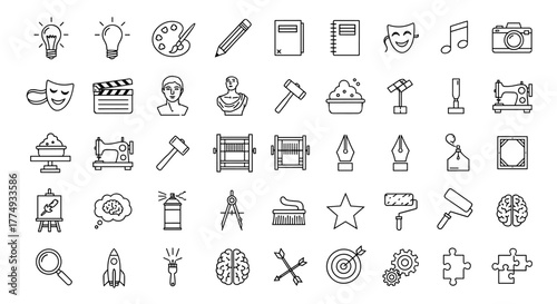 A comprehensive collection of creativity, art, and drawing icons, meticulously designed as ordered line art on a clean white background, perfect for representing diverse concepts in design and