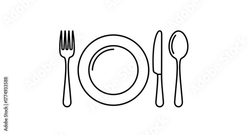 Minimalist line art illustration of a plate, fork, knife, and spoon, representing a meal setting, restaurant icon, menu symbol, and cutlery set, perfect for food-related concepts and dining services.