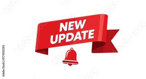 Vibrant red ribbon banner with bold black text announcing 'NEW UPDATE' and a stylized notification bell icon below, perfect for conveying important announcements, software updates, or fresh content