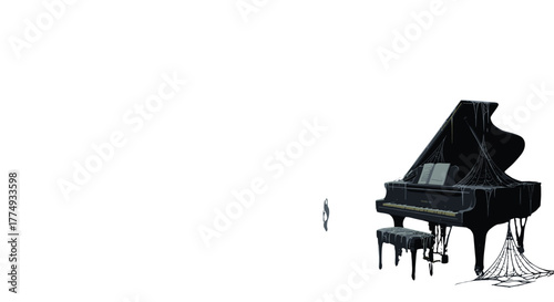 Eerie Victorian Grand Piano Covered in Cobwebs in a Dark, Abandoned Room, Evoking a Sense of Mystery and Decay, Perfect for Halloween or Gothic Themes