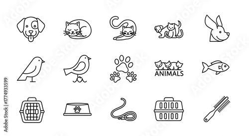 Collection of pet-friendly line icons, featuring a dog, cat, bird, fish, and other animal-related symbols, presented as a clean, ordered set on a white background, ideal for graphic design and web