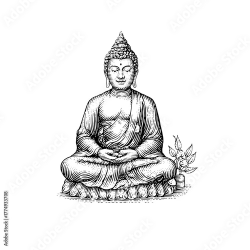Engraved illustration of a serene Buddha statue with intricate details surrounded by plants