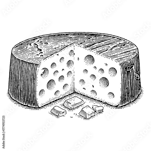 Engraved illustration of a round cheese wheel with holes and scattered cubes rests on a wooden table