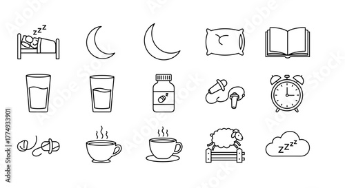 A comprehensive line icon set illustrating various aspects of sleep and rest, including a sleeping person in bed, a crescent moon, a pillow, sleeping pills, earplugs, a glass of water, a cup of