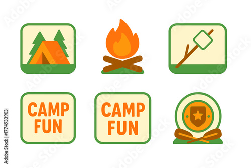 Camp fun activities including campfire, roasting marshmallows, and outdoor adventures for all ages