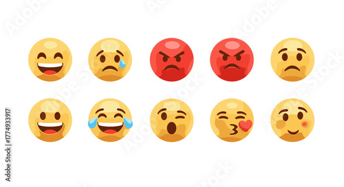 Collection of diverse 3D emoji faces showcasing a spectrum of emotions, from joy and laughter to anger and sadness, presented in a clean, organized line against a dark background, ideal for digital