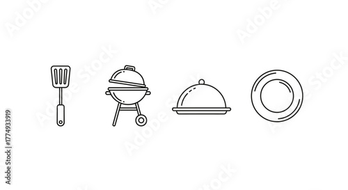Simple linear illustration of cooking and dining, featuring icons of a spatula, a barbecue grill, a covered dish, and a plate, perfect for graphic design, app development, and conceptual