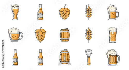 A vibrant collection of flat line art icons representing beer and brewing elements, perfect for infographics, articles, books, flyers, and banners, featuring beer glasses, bottles, hops, wheat
