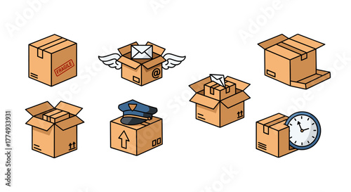 Set of vector cartoon illustrations depicting various aspects of postal and delivery services, including sealed and open boxes, a "fragile" label, a postal cap, winged mail, and a clock indicating