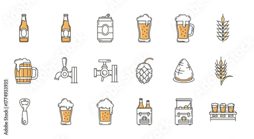 Vibrant Collection of Beer-Related Icons: Featuring Bottles, Cans, Mugs, Taps, Hops, Wheat, and More, Perfect for Infographics, Articles, Books, Flyers, and Banners. Editable Stroke Vector Cartoon