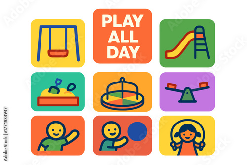 Colorful playtime icons featuring various activities for children in a joyful design on a bright background