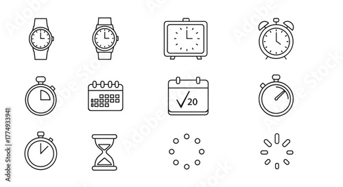 Collection of time-related icons in a modern thin line style, featuring wristwatches, alarm clocks, stopwatches, hourglasses, calendars, and loading indicators, perfect for digital interfaces and
