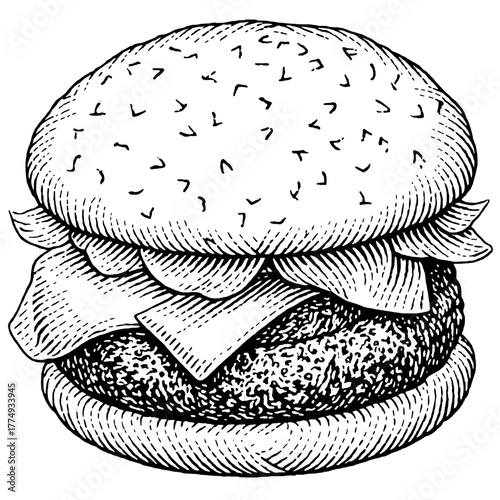 Engraved illustration of a classic burger with layers of lettuce, cheese, and a sesame seed bun