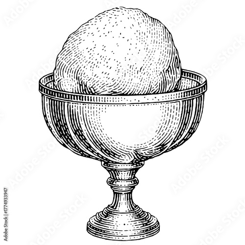 Engraved vector illustration of a classic ice cream scoop in ornate cup, perfect for vintage-inspired designs and creative projects