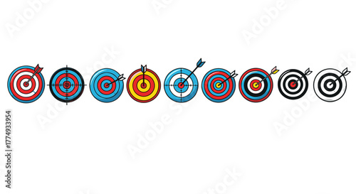 Collection of colorful bullseye targets with arrows, representing accuracy and precision in sports and games. This set includes various designs and color schemes, from vibrant red and blue to classic