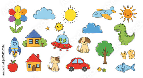 Vibrant Hand-Drawn Doodle Vector Collection for Kids: Featuring a Cheerful Rainbow Flower, Fluffy Clouds, Smiling Sun, Playful Dinosaur, Blue Airplane, Adorable Dog, Cute Cat, Red Car, Flying UFO