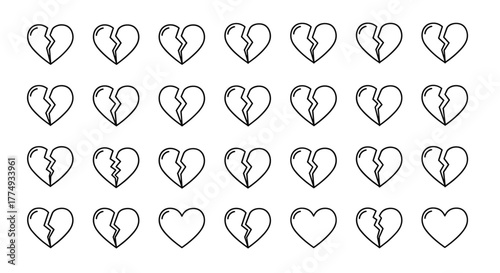 Set of broken heart line icons, representing heartbreak, sadness, and relationship problems. These simple, outline vector graphics are perfect for graphic design, web design, apps, advertisements