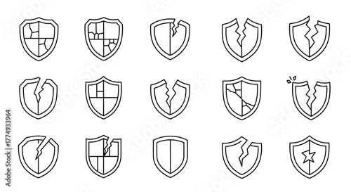 Collection of broken shield line icons, representing vulnerability, damage, and failure. Includes cracked, shattered, and fractured shield designs suitable for graphic design, web, apps, and