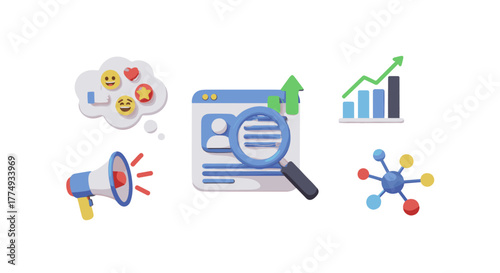 Vivid 3D concept animation showcasing social media, SEO, and marketing elements, including a thought bubble with emojis, a megaphone, a search interface, a growth chart, and a molecular structure