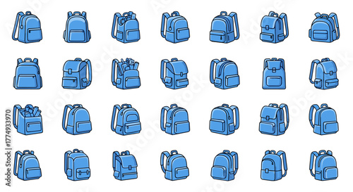 Collection of vibrant, minimalistic linear pictograms representing blue backpacks or school bags, ideal for web and graphic design, app interfaces, banners, and social network content, showcasing a