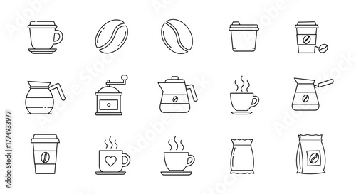 Collection of simple linear outline icons representing coffee-related items, including cups, beans, grinders, and brewing pots, perfect for web, books, cards, and apps, editable stroke, vector