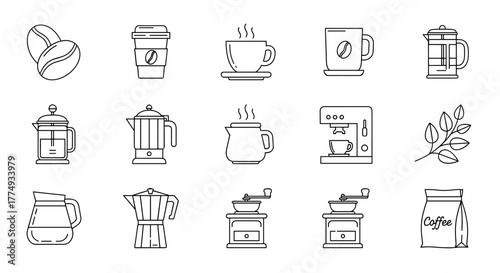 Collection of stylized white outline icons representing coffee-related items on a black background, perfect for graphic and web design, apps, adverts, and various cards, including coffee beans, cups