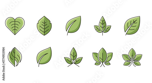 Collection of ten stylized green leaf icons and logos, featuring diverse shapes from simple ovate to heart-shaped and palmate, all rendered in a clean, modern, flat design with subtle shading and