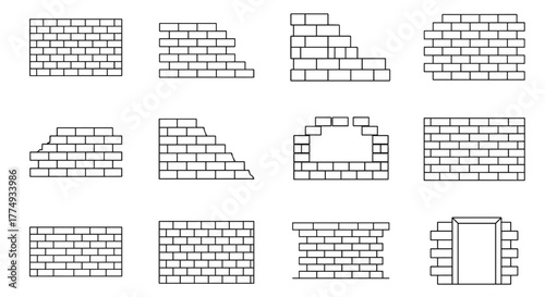 Collection of 12 outline brick wall icons, including intact walls, broken sections, and a doorway, perfect for infographics, articles, books, flyers, and banners, presented as editable stroke vector