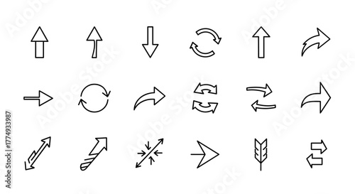 Collection of outline arrow icons, including straight, curved, and circular designs, perfect for graphic and web design, app interfaces, advertisements, and various digital or print materials. This
