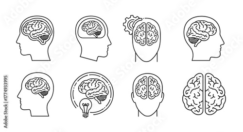 Collection of stylized brain illustrations within human heads, symbolizing thought, ideas, and cognition. Includes gears, lightbulbs, and abstract representations, perfect for educational