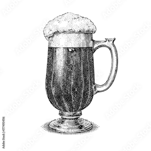 Engraved illustration of a frothy beer mug showcasing intricate design details and charming vintage style