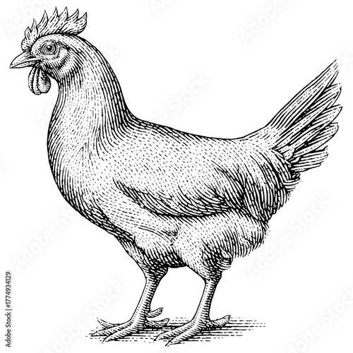 Engraved illustration of a proud rooster showcasing detailed feathers and stance in a timeless rustic style