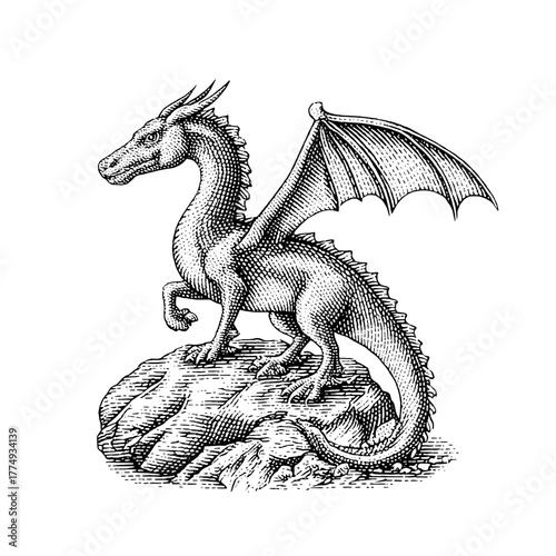 Engraved illustration of a majestic dragon standing on a rocky ledge with wings spread wide in a vintage style