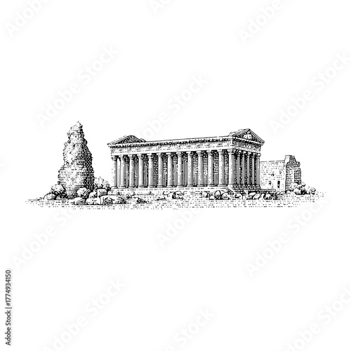 Engraved illustration of a historic temple surrounded by trees and ancient ruins, showcasing remarkable architectural details