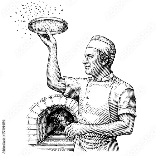 Engraved illustration of a skilled baker preparing dough in a traditional oven setting