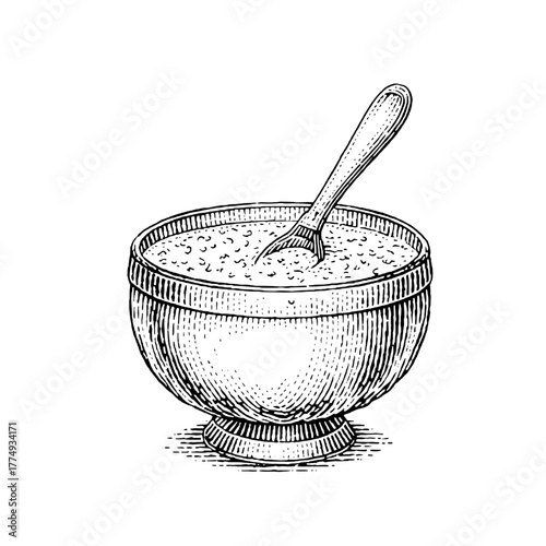 Engraved illustration of a textured bowl filled with food and a spoon resting inside, showcasing classic culinary artistry
