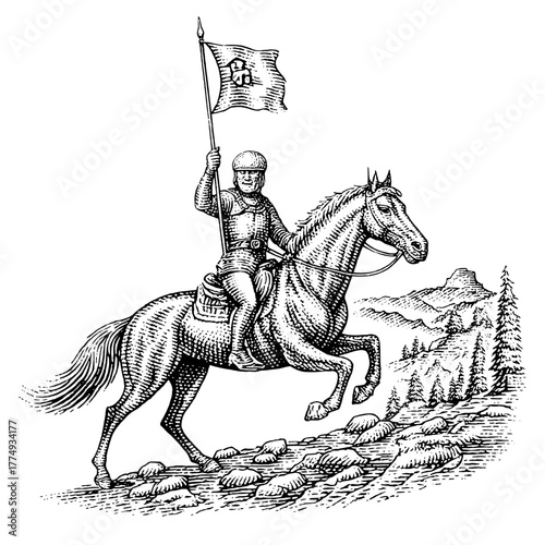 Engraved illustration of a soldier on horseback waving a flag through a mountainous landscape