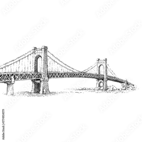 Engraved illustration of a grand bridge spanning a river with intricate details showcasing architectural beauty