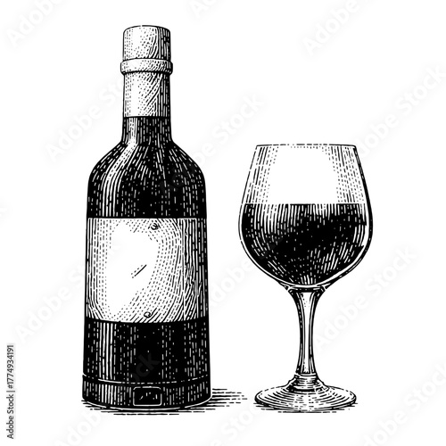 Engraved illustration of a wine bottle and glass showcasing elegance and sophistication in a vintage style set