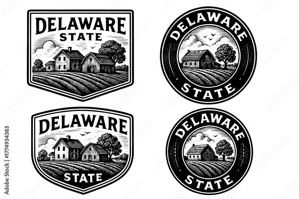 Obraz premium Engraved vector illustration set featuring Delaware state landmarks and rural scenes in a classic style