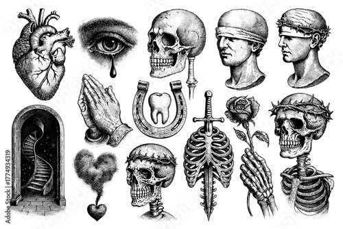 Engraved illustrations featuring heart, skulls, and symbolic elements in a unique vector art bundle