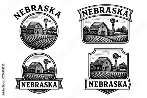 Engraved illustrations of Nebraska barns and windmill designs embodying rural charm and agricultural heritage