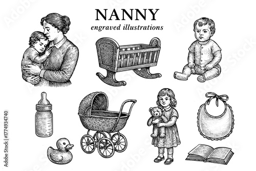 Engraved illustrations of caregiving moments featuring children, toys, and nurturing scenes in a vintage style