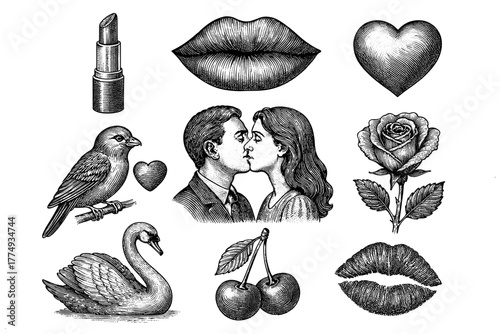 Engraved romantic illustration set featuring love symbols, couples, and nature scenes