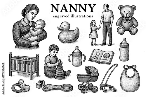 Engraved illustrations showcasing a nurturing nanny and classic baby items in a charming vintage style