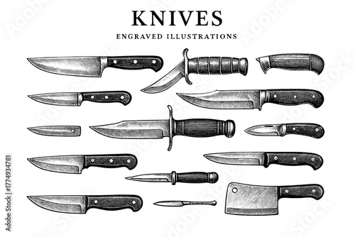 Unique engraved illustrations of various knives showcasing artisanal designs for culinary enthusiasts and collectors