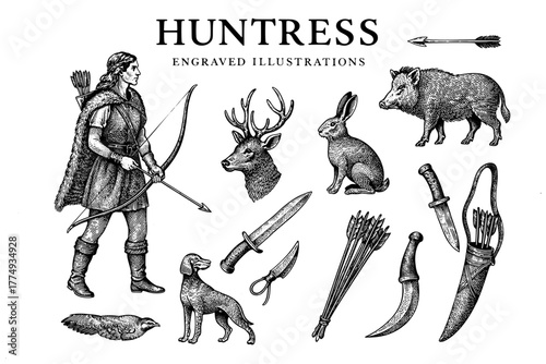 Collection of engraved illustrations featuring a huntress, animals, and hunting tools crafted in intricate detail