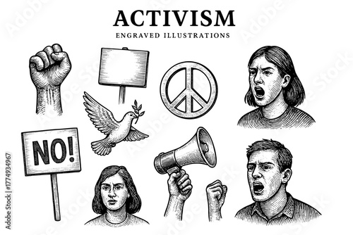 Engraved illustrations capturing the spirit of activism and social change in bold graphics